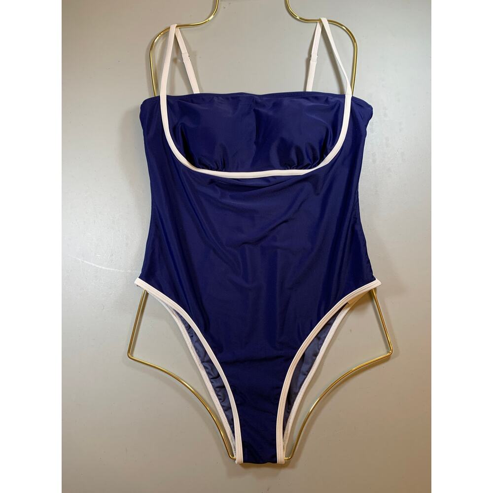 NWT Cupshe Blue White Trim One Piece Swimsuit Crisscross Back High Cut Sz Medium